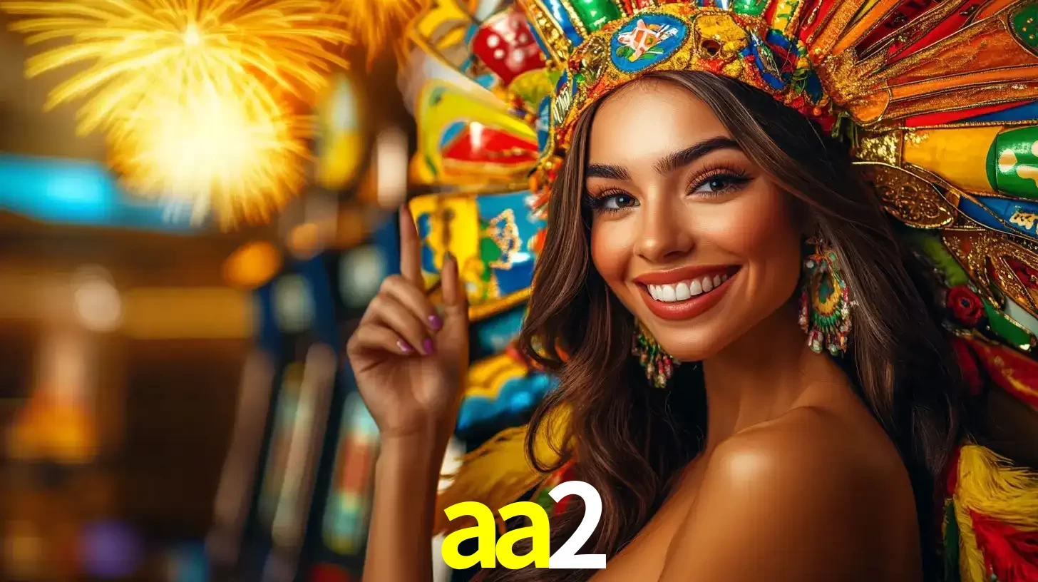 Mulher sorridente com um cocar de carnaval vibrante e colorido, celebrando uma grande vitória nos jogos do cassino aa2 com fogos de artifício ao fundo.