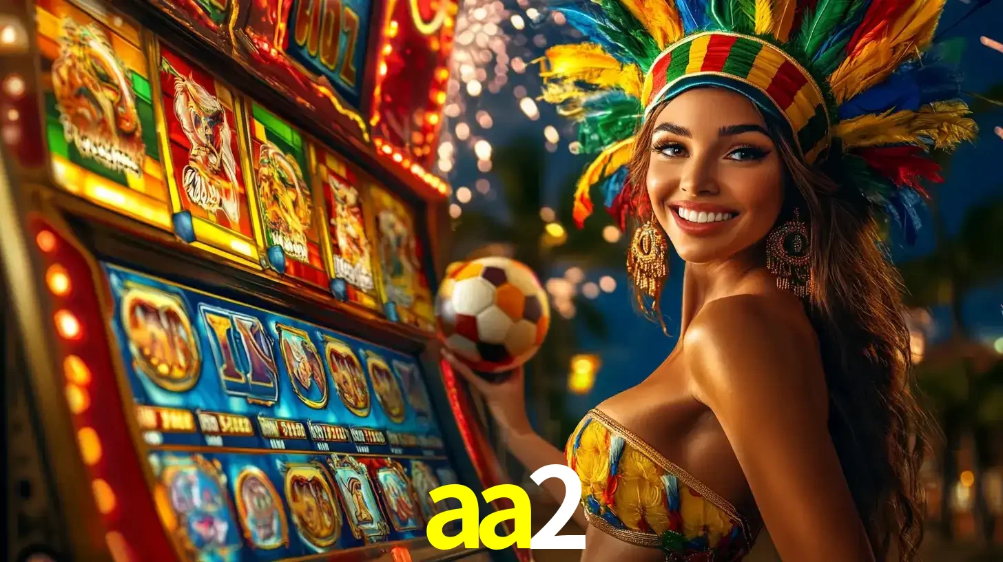 Mulher com um cocar de carnaval ao lado de uma máquina de caça-níqueis enquanto segura uma bola de futebol, mostrando a união da diversão de cassino e esportes no aa2.