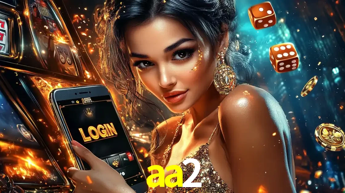 Mulher glamourosa segurando um celular com a tela de login do cassino aa2, rodeada por dados e moedas douradas, pronta para começar a diversão.