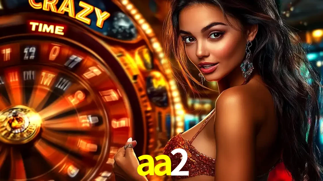 Mulher ao lado da roda de prêmios do jogo de cassino ao vivo Crazy Time, um dos shows de jogos mais emocionantes oferecidos pela plataforma de apostas aa2.