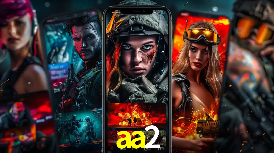 Montagem de telas de celular mostrando diversos personagens, masculinos e femininos, de um jogo de tiro, ilustrando a diversidade de equipes de e-sports para apostar no aa2.