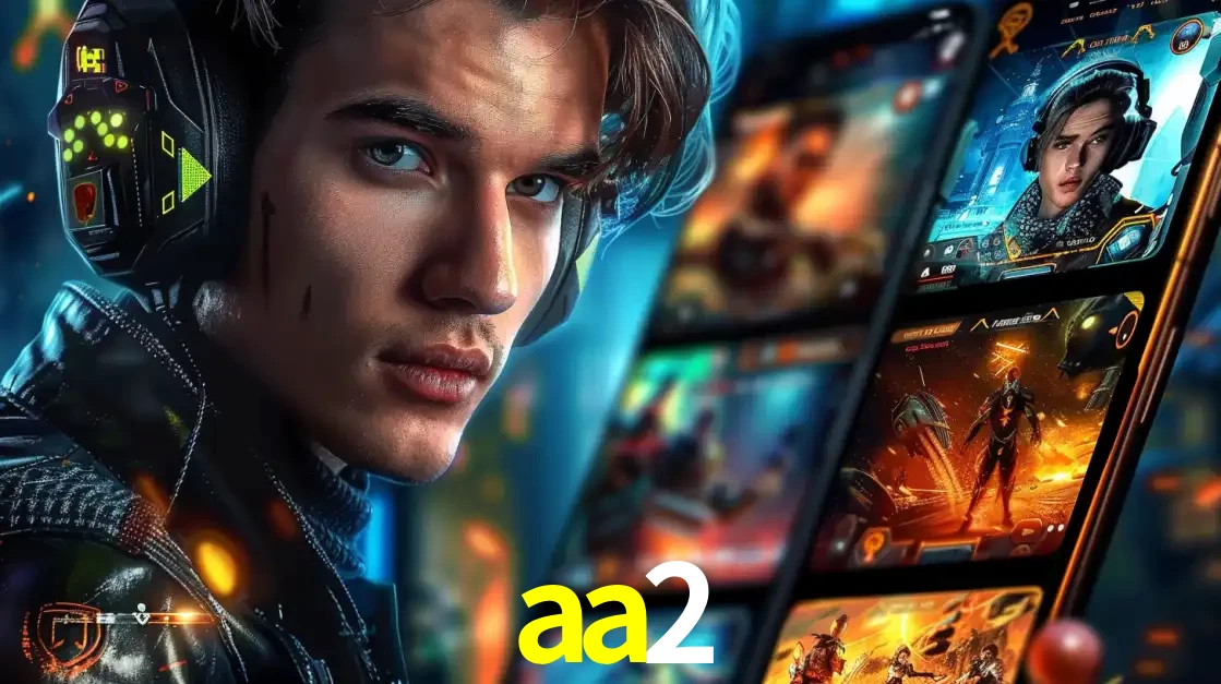 Jovem jogador com fones de ouvido olhando para a câmera, com um aplicativo de jogos e e-sports para celular ao fundo, pronto para a competição e apostas no aa2.