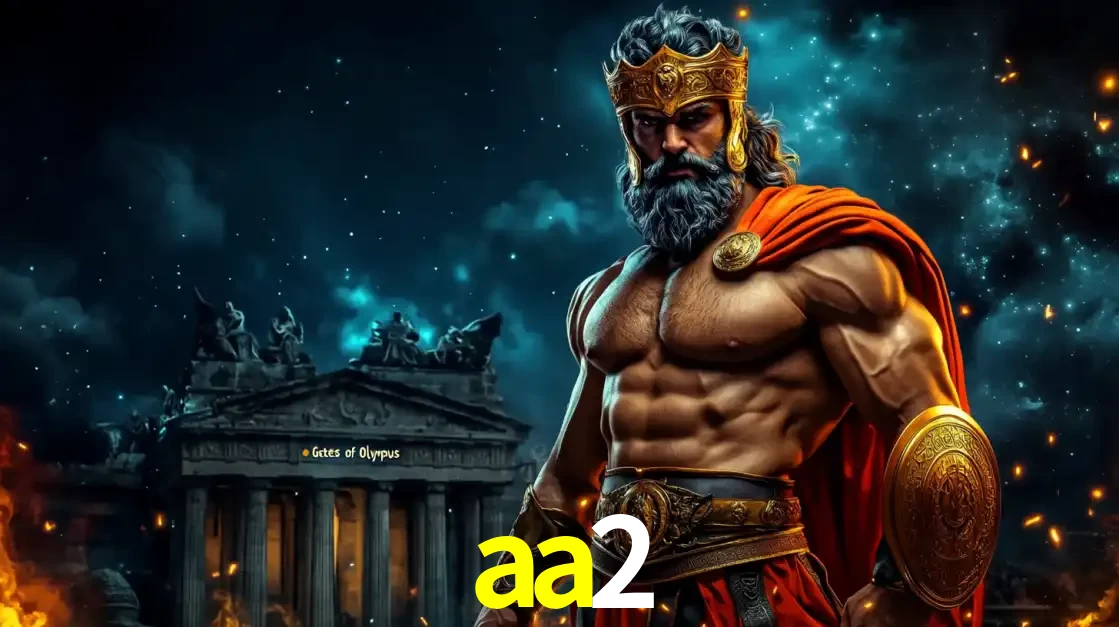 O poderoso Zeus do jogo de slot Gates of Olympus em frente ao seu templo, pronto para lançar multiplicadores divinos e prêmios épicos no cassino online aa2.