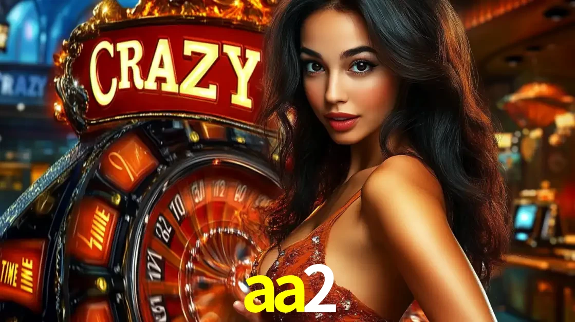 Mulher glamourosa olhando para a câmera com a roda vermelha do Crazy Time ao fundo em um ambiente de cassino, destacando a emoção dos jogos ao vivo no aa2.