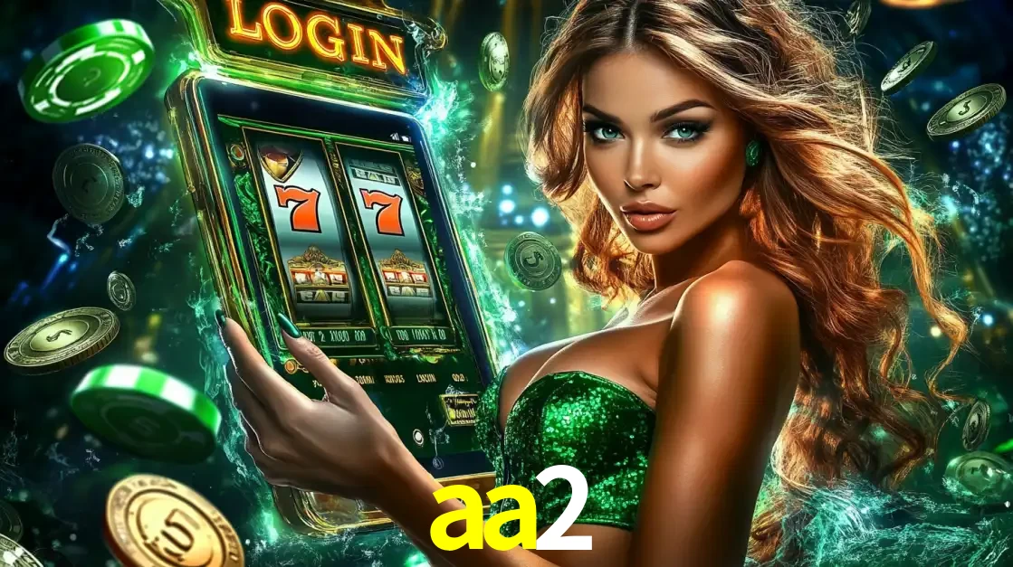 Mulher com tema verde apresentando o aplicativo do cassino aa2 com um jogo de slot de 777, cercada por fichas de cassino e uma aura de sorte.