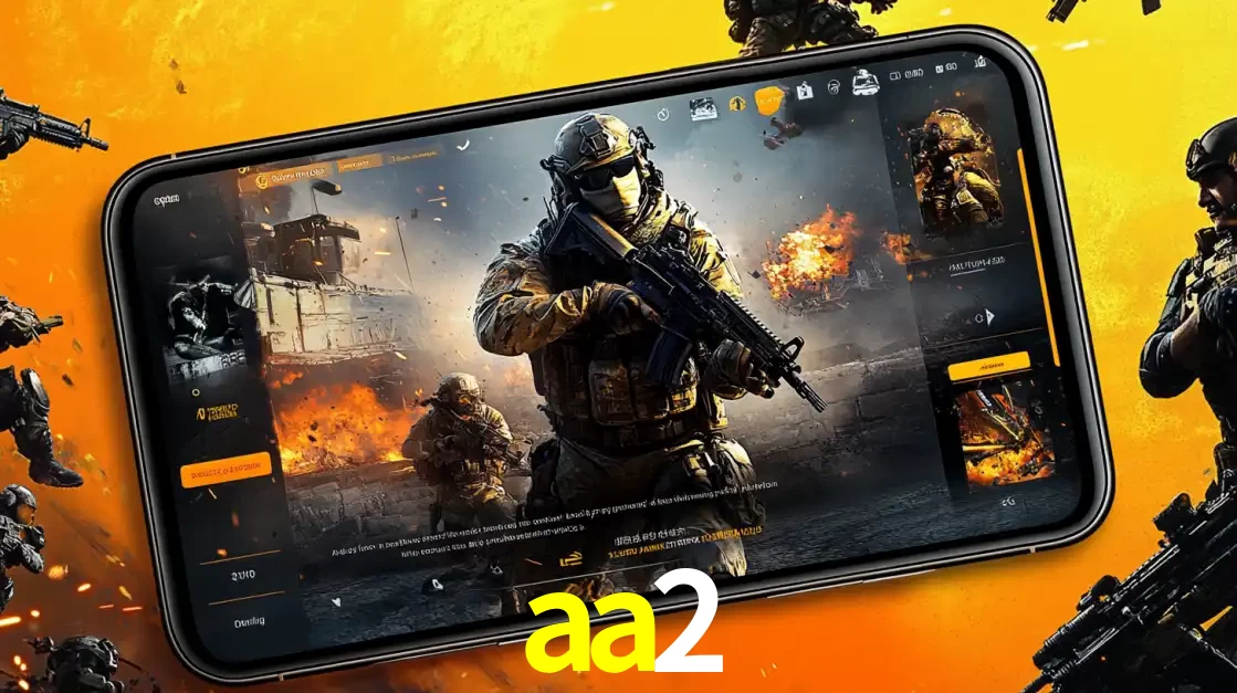 Um smartphone exibindo a interface de um jogo de tiro em primeira pessoa, com um soldado em um cenário de batalha, representando a ação dos e-sports para apostar no aa2.