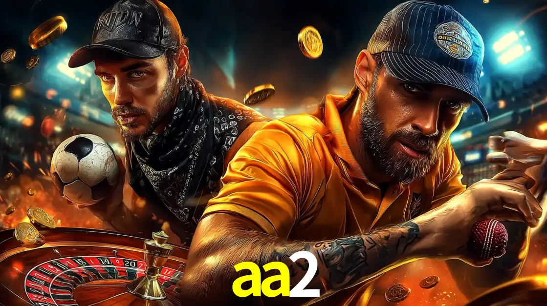 Montagem de apostas esportivas e cassino no aa2, com um homem segurando uma bola de futebol e outro uma de beisebol sobre uma roleta e moedas voadoras.