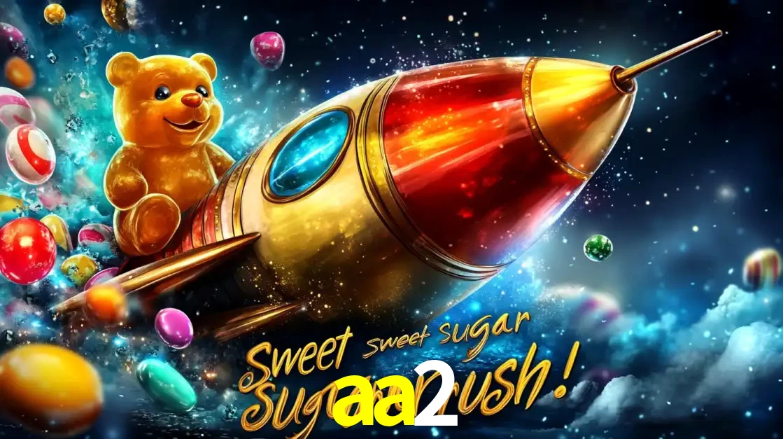 Arte promocional do jogo de slot Sugar Rush, com um urso de pelúcia em um foguete viajando pelo espaço de doces, um dos jogos divertidos disponíveis no cassino aa2.