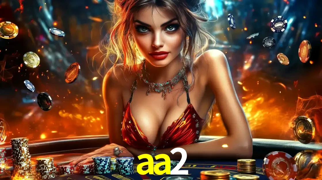 Mulher em uma mesa de cassino com pilhas de fichas e um fundo de fogo, pronta para uma rodada de altas apostas nos jogos de mesa emocionantes do cassino aa2.