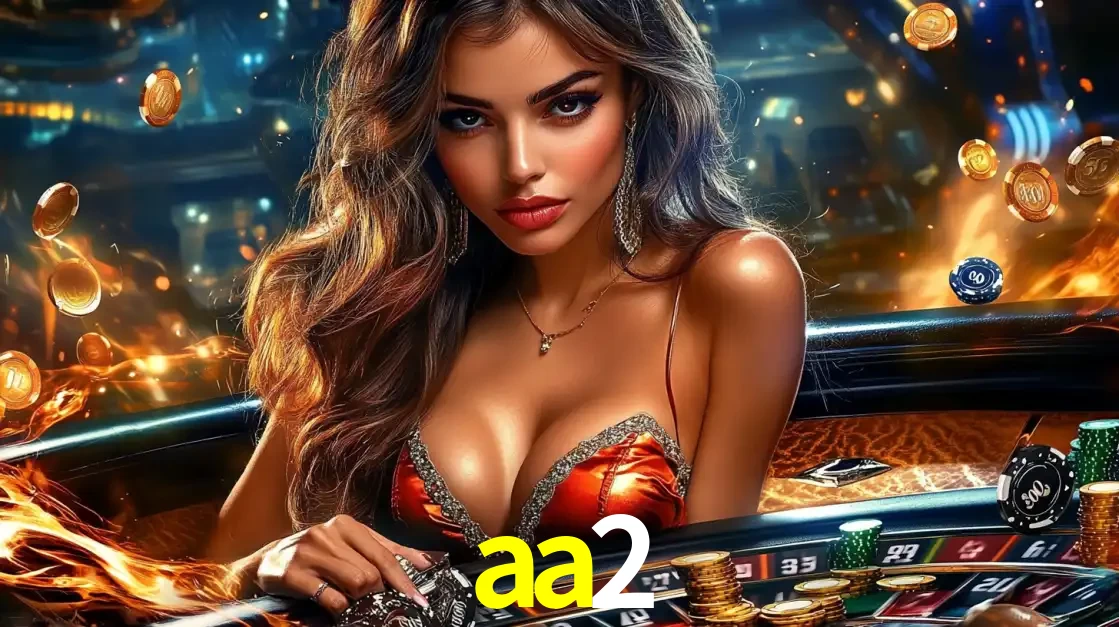 Mulher glamourosa em uma mesa de roleta com um fundo de chamas e moedas voadoras, pronta para fazer sua aposta e ganhar grandes prêmios no cassino ao vivo aa2.