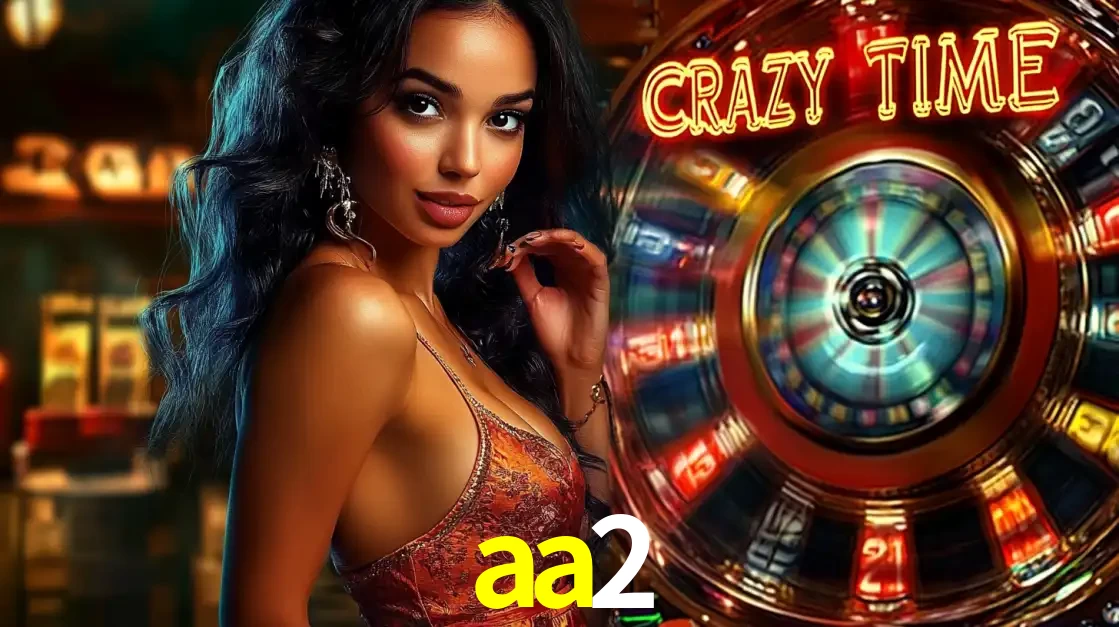 Mulher elegante ao lado da vibrante roda da fortuna do jogo de cassino ao vivo Crazy Time, um dos game shows mais populares e cheios de prêmios do aa2.