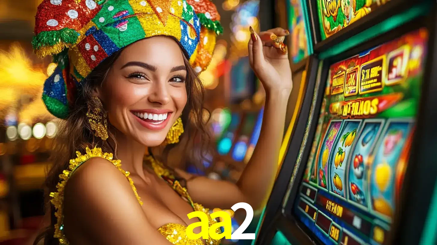 Mulher feliz com traje de carnaval amarelo e colorido ao lado de uma máquina de caça-níqueis, aproveitando a diversão e os jogos temáticos do cassino aa2.
