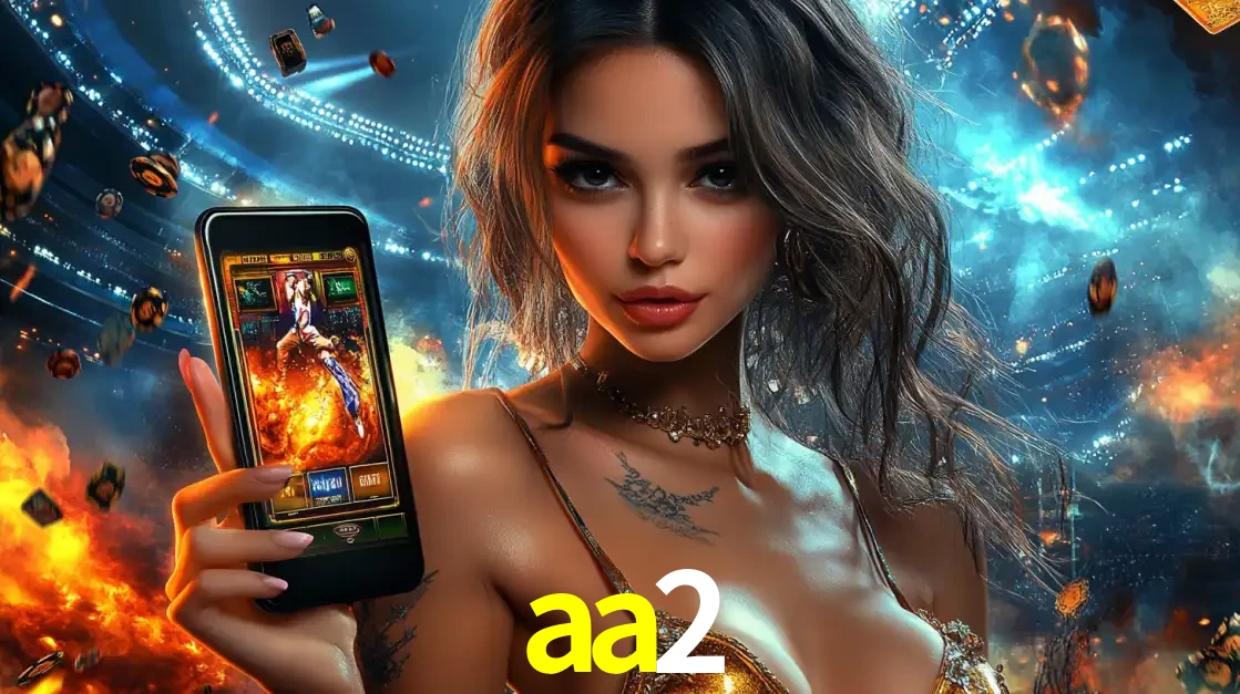 Mulher segurando um celular com um jogo de slot em destaque, tendo como fundo um estádio vibrante, simbolizando a emoção de jogar no cassino móvel aa2.