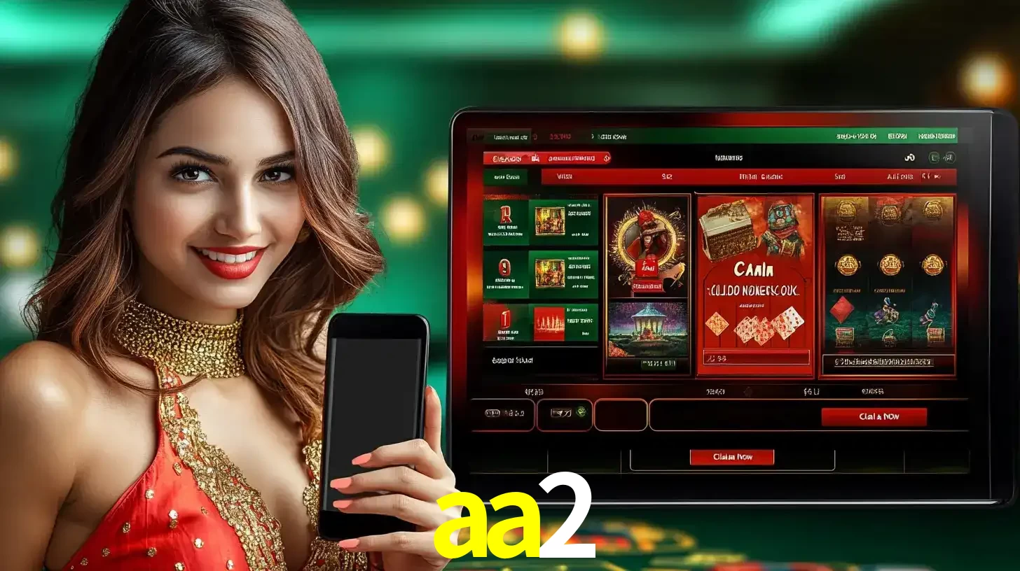 Mulher sorridente segurando um smartphone, ao lado de uma tela exibindo o lobby de jogos do cassino online aa2, com várias opções de jogos de cartas e slots.